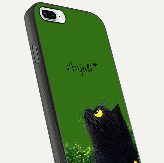 Emerald Cat Custom Name Glass Case for iPhone 8 Plus close-up highlighting feline detail, emerald hues, and reflection polish