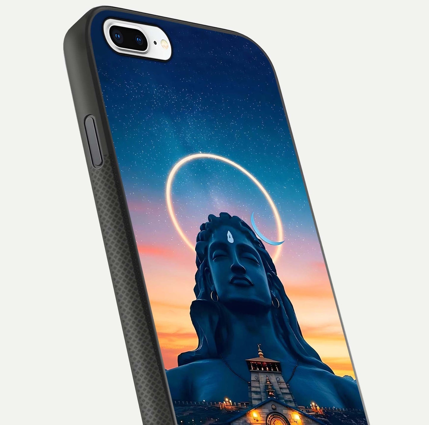 Eternal Shiva Aura Glass Case for iPhone 8 Plus close-up highlighting divine detailing and reflection light