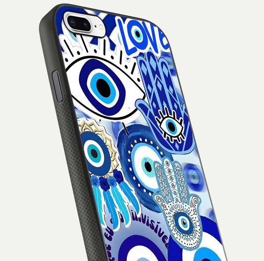 Evil Eyes Dream Glass Case for iPhone 8 Plus close-up highlighting evil-eye charm detail and light reflection on glass