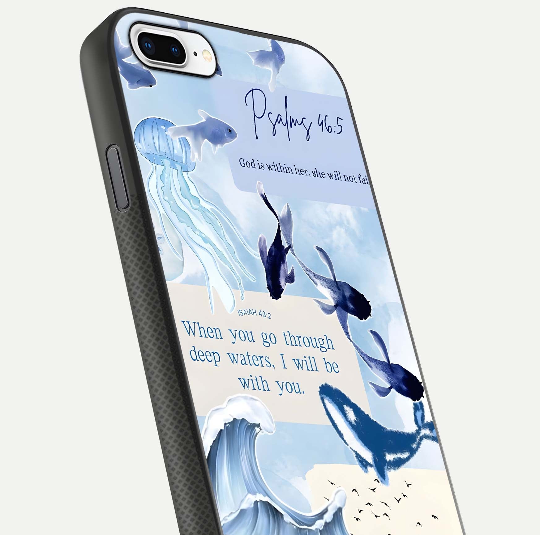 Faithful Ocean Promise Glass Case for iPhone 8 Plus close-up highlighting water reflection and serene blue tones