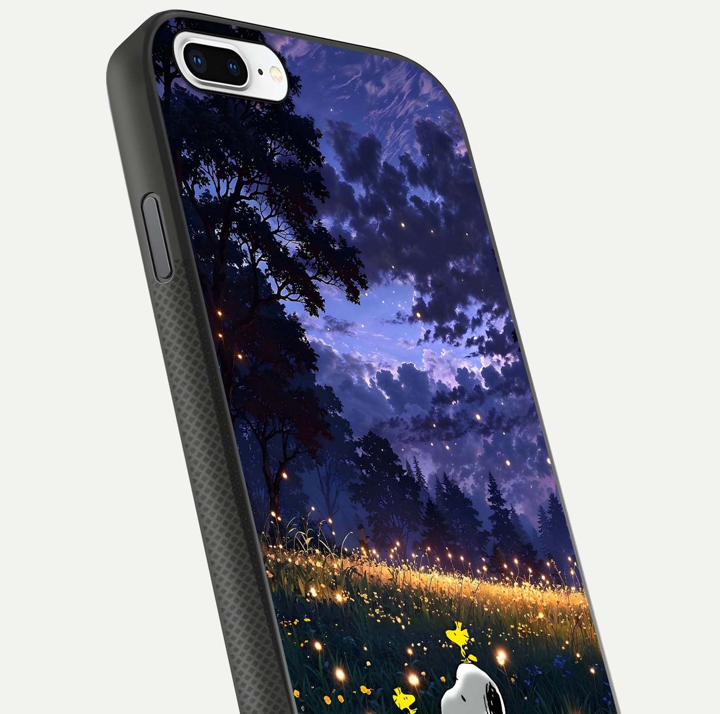 Firefly Meadow Magic Glass Case for iPhone 8 Plus close-up highlighting luminous firefly light and reflection detail
