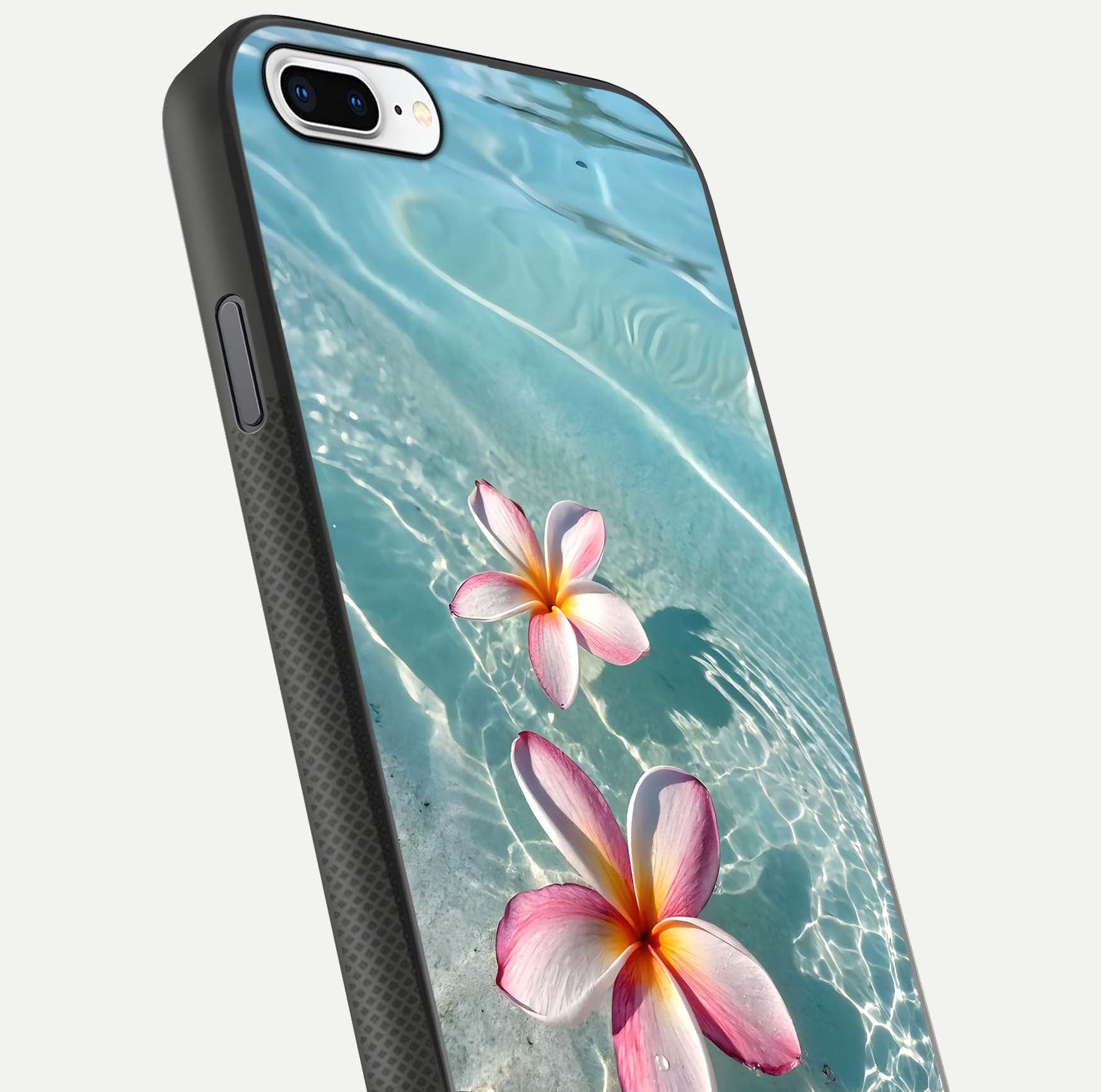 Floating Bloom Bliss Glass Case for iPhone 8 Plus close-up highlighting petal detail and reflection tone