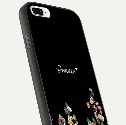 Floral Design Personalized Custom Name Glass Case for iPhone 8 Plus close-up highlighting name clarity, petals, and gloss