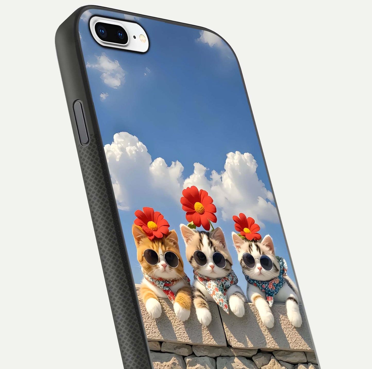 Floral Kitty Squad Glass Case for iPhone 8 Plus close-up highlighting cat detail and flower patterns with HD shine