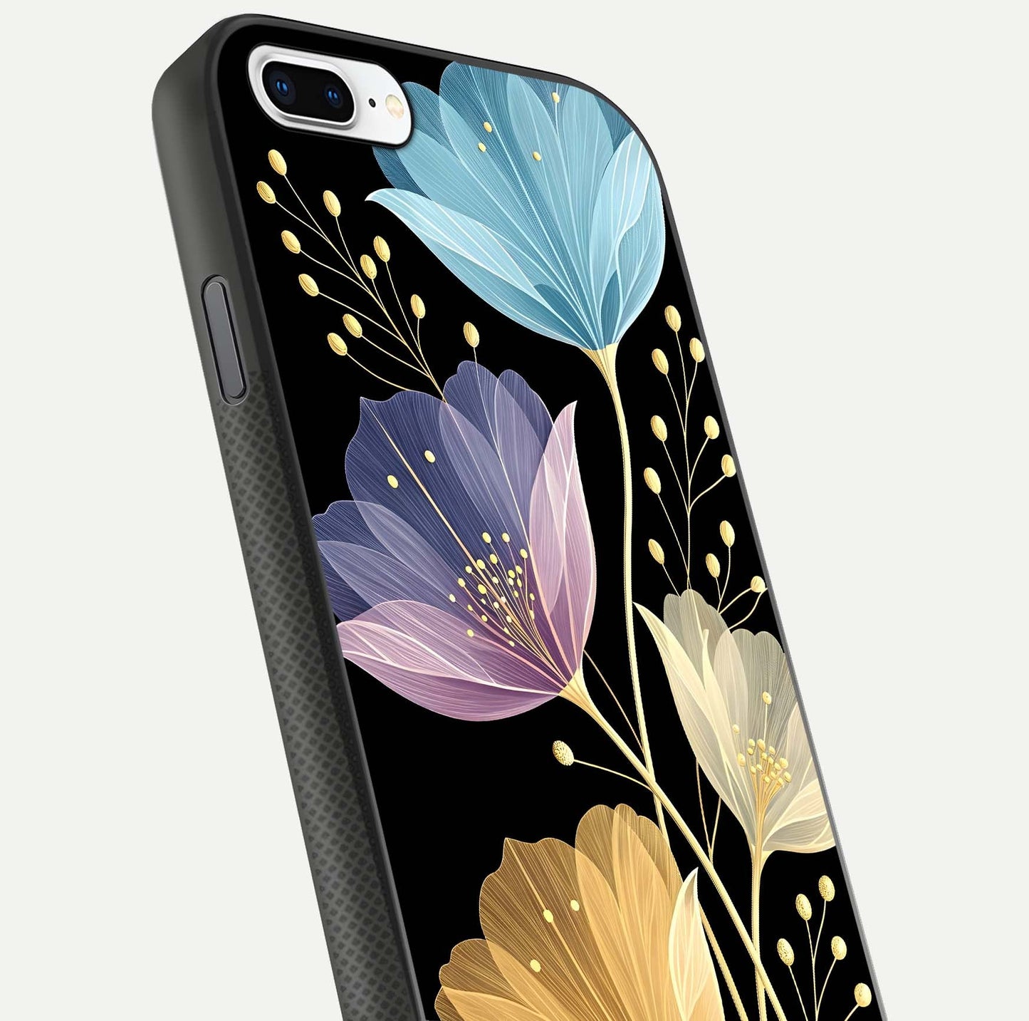 Flower Bloom Glow Glass Case for iPhone 8 Plus close-up highlighting bloom detail and reflection polish