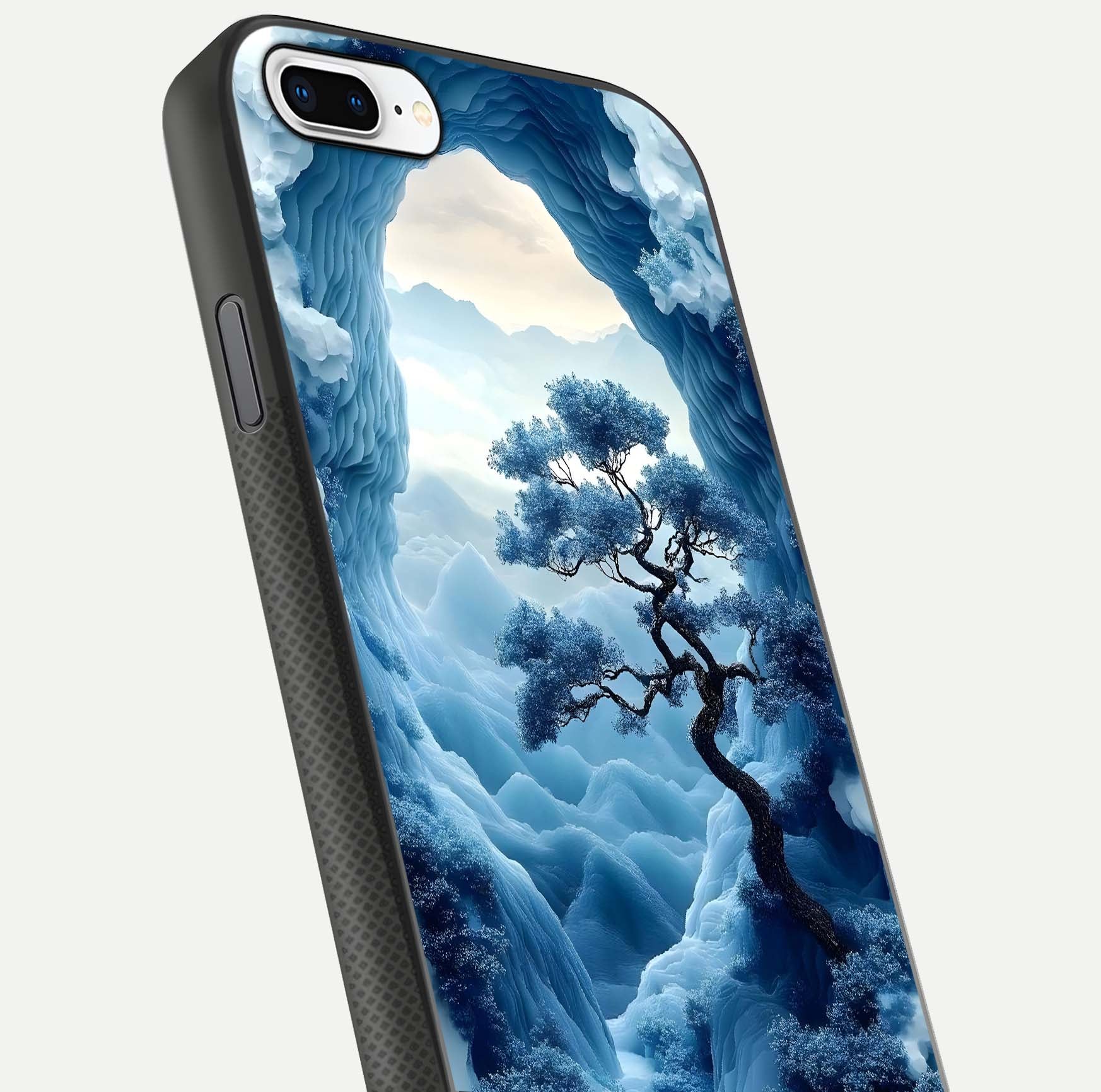 Frozen Serenity Gate Glass Case for iPhone 8 Plus close-up highlighting frosted texture and reflection tone