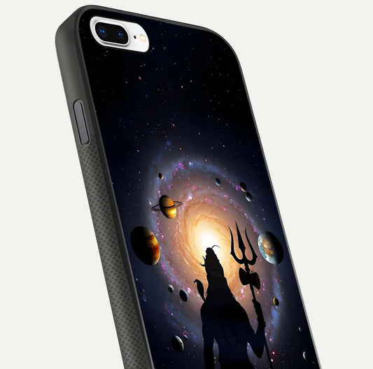 Galactic Shiva Vision Glass Case for iPhone 8 Plus close-up angled shot highlighting divine aura, trident details, and reflection shine