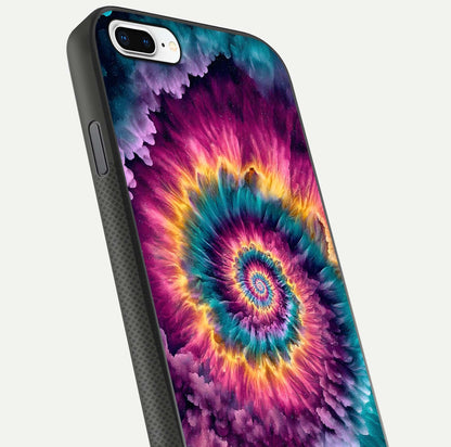 Galactic Spiral Burst Glass Case for iPhone 8 Plus close-up angled shot showing spiral burst detail, neon tones, and glossy reflection