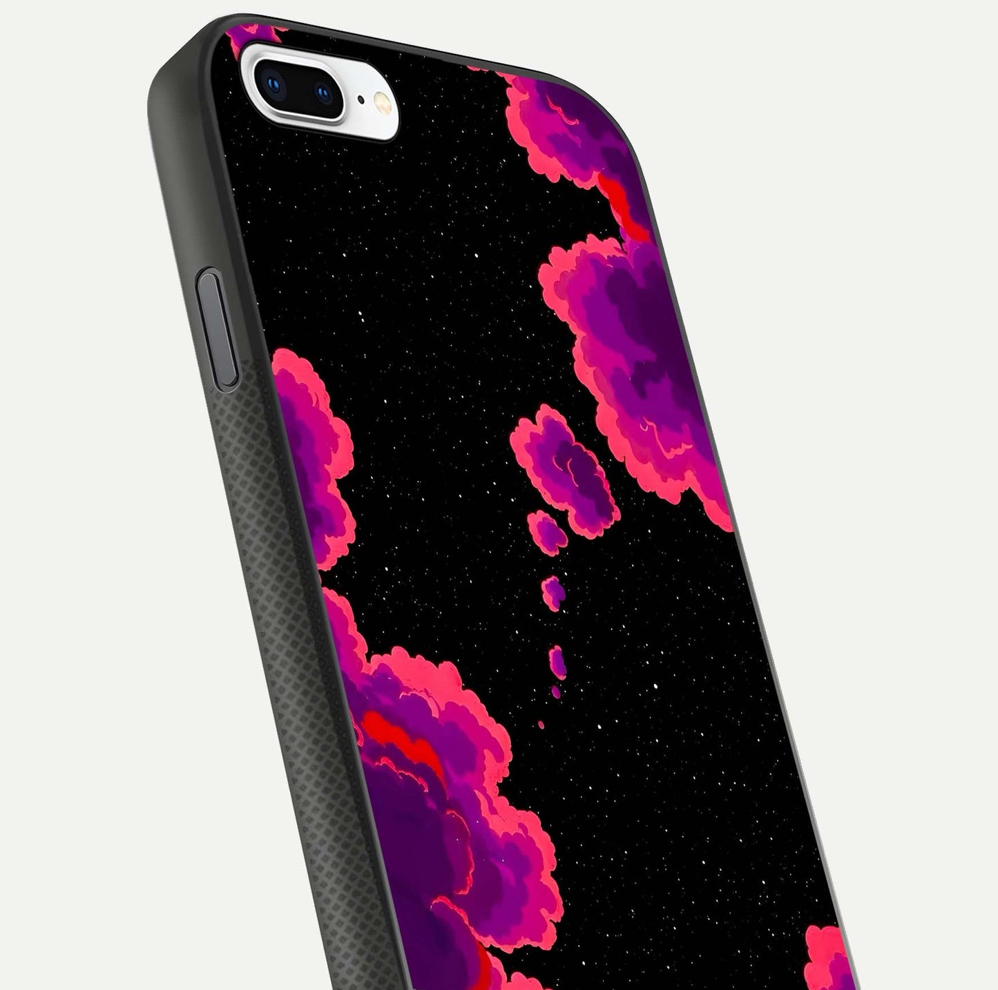 Galaxy Dream Frame Glass Case for iPhone 8 Plus close-up angled shot showing nebula patterns and reflection glow
