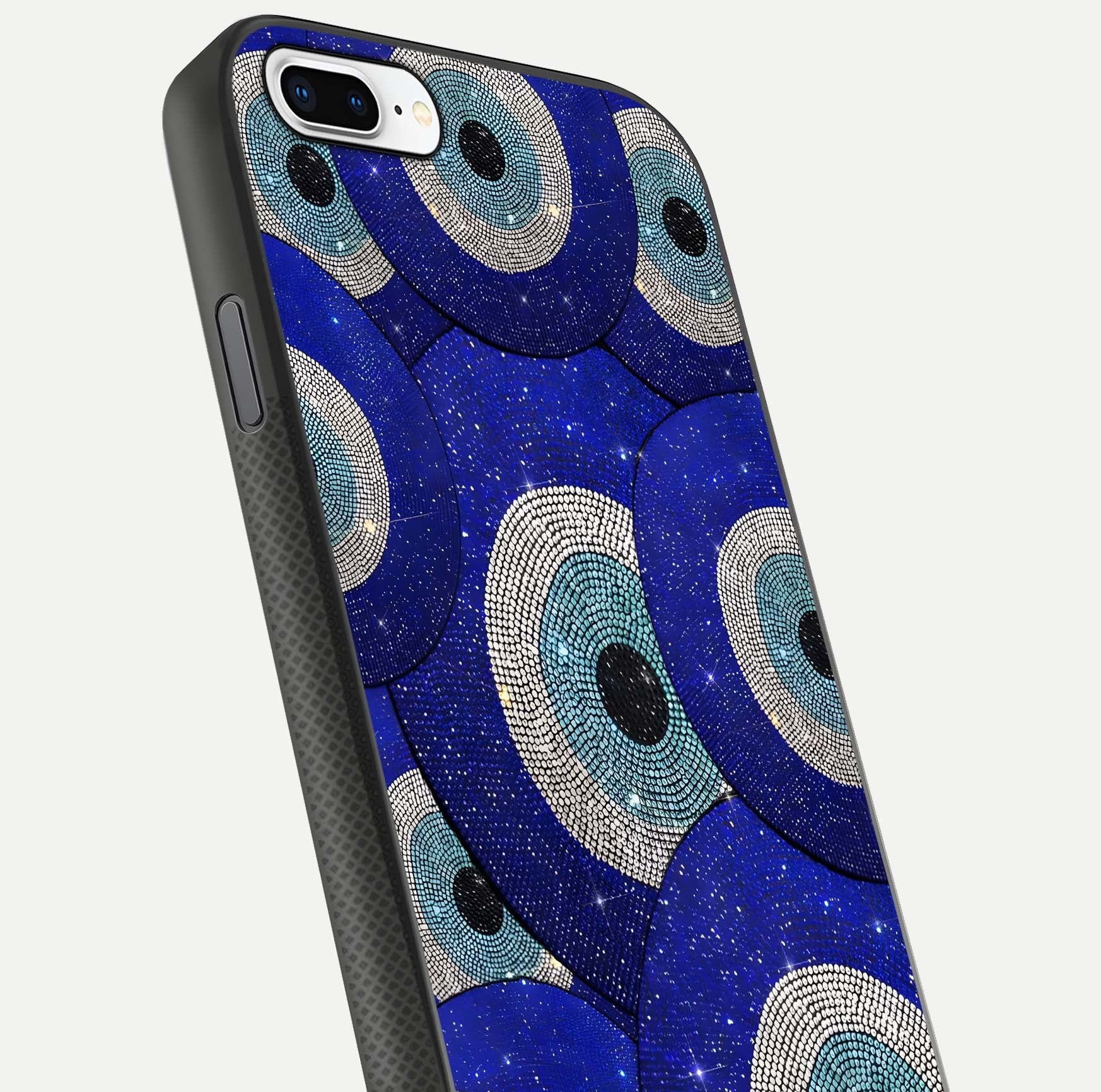 Galaxy Eye Flow Glass Case for iPhone 8 Plus close-up angled shot showing vivid swirl detail and reflection brightness