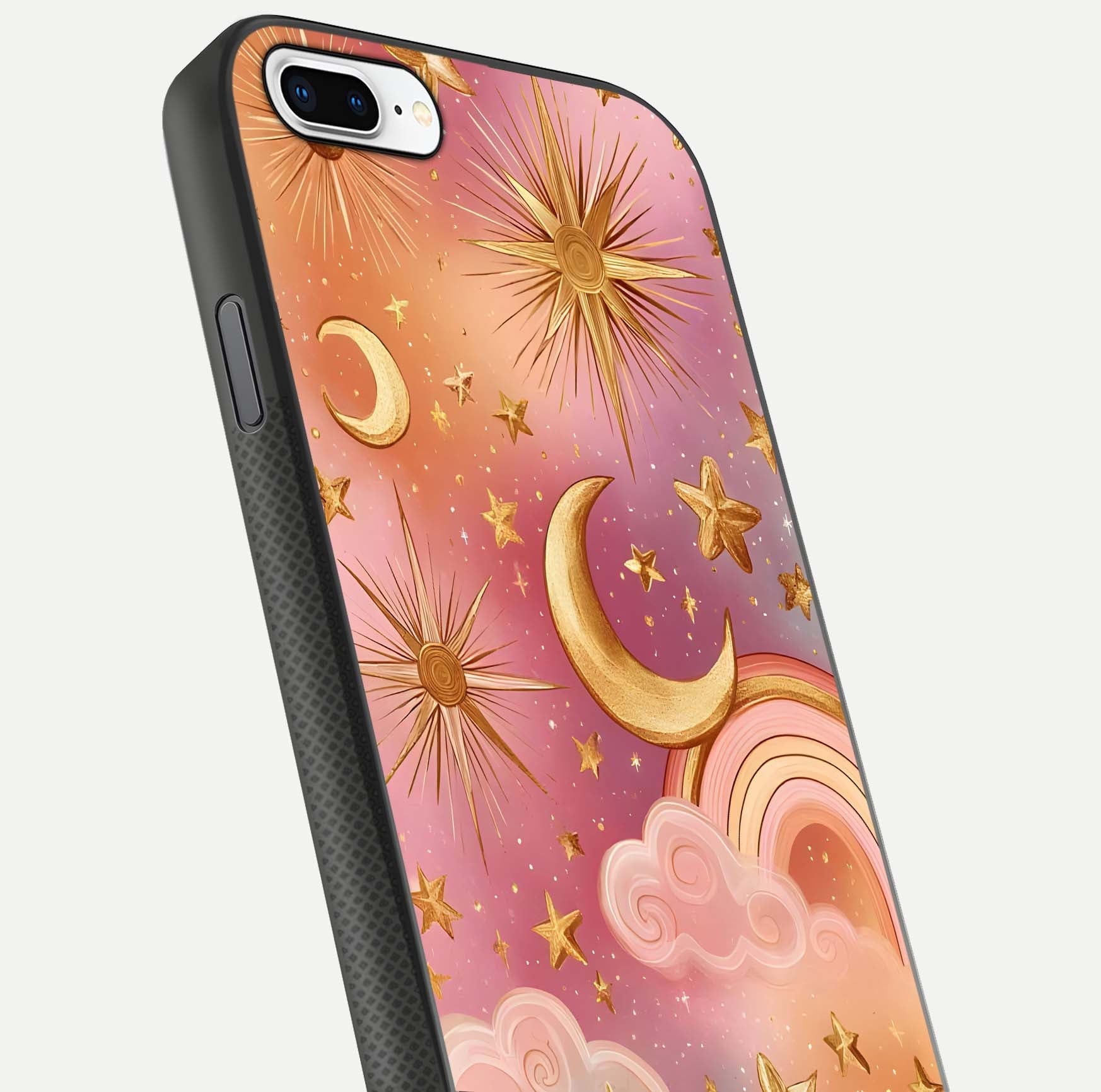 Golden Celestial Dreams Glass Case for iPhone 8 Plus close-up angled shot showing cosmic gold tones and reflection shine