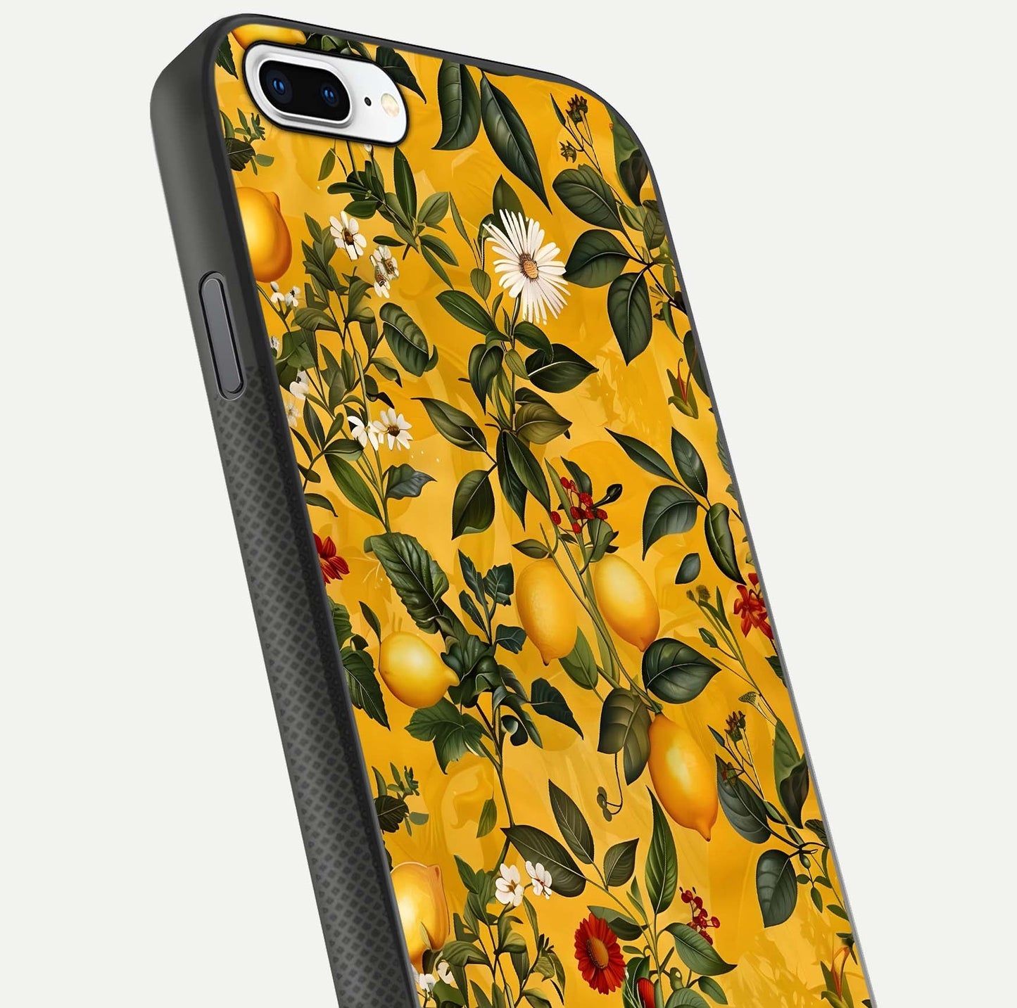 Golden Lemon Field Glass Case for iPhone 8 Plus close-up angled shot showing citrus texture and reflection brilliance