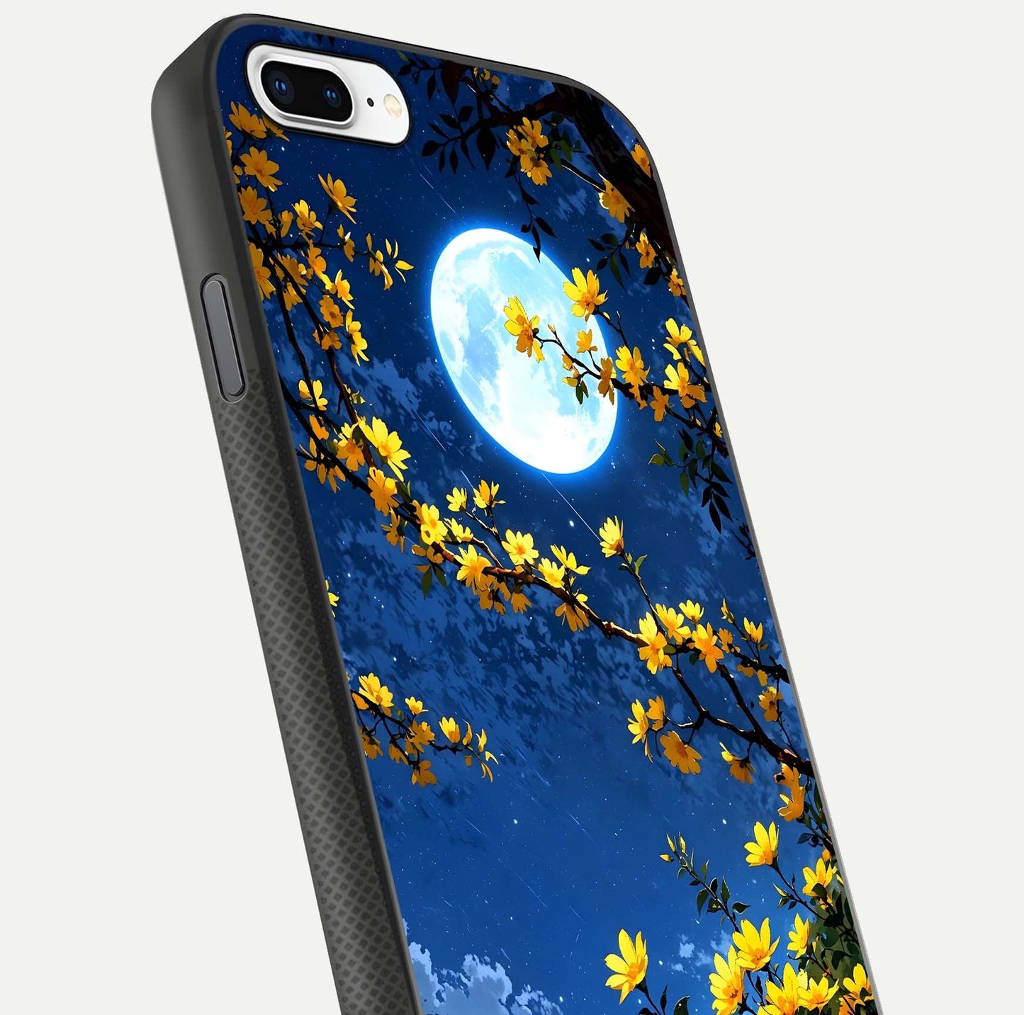 Golden Night Glow Glass Case for iPhone 8 Plus close-up angled shot showing shimmer texture and light reflection