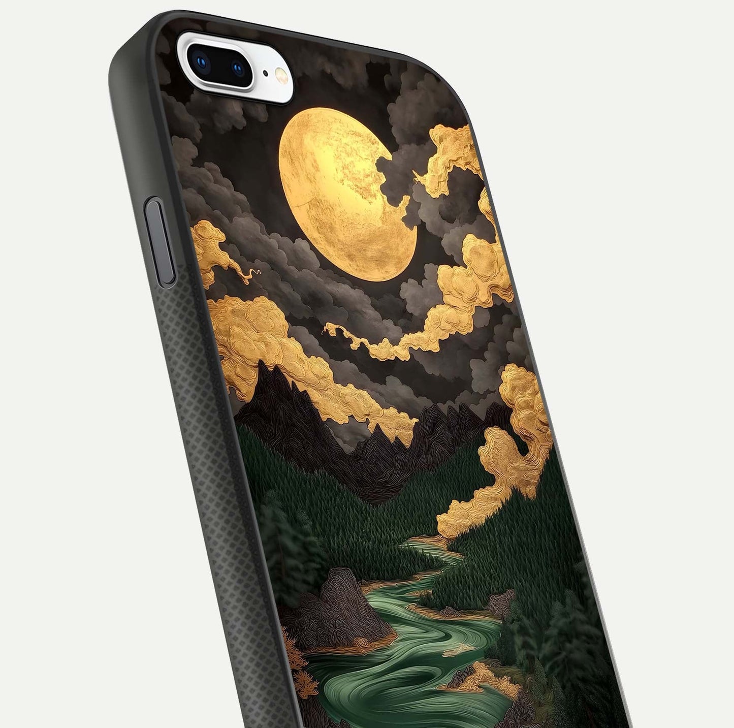 Golden River Moon Glass Case for iPhone 8 Plus close-up angled shot showing moon reflection and water shine