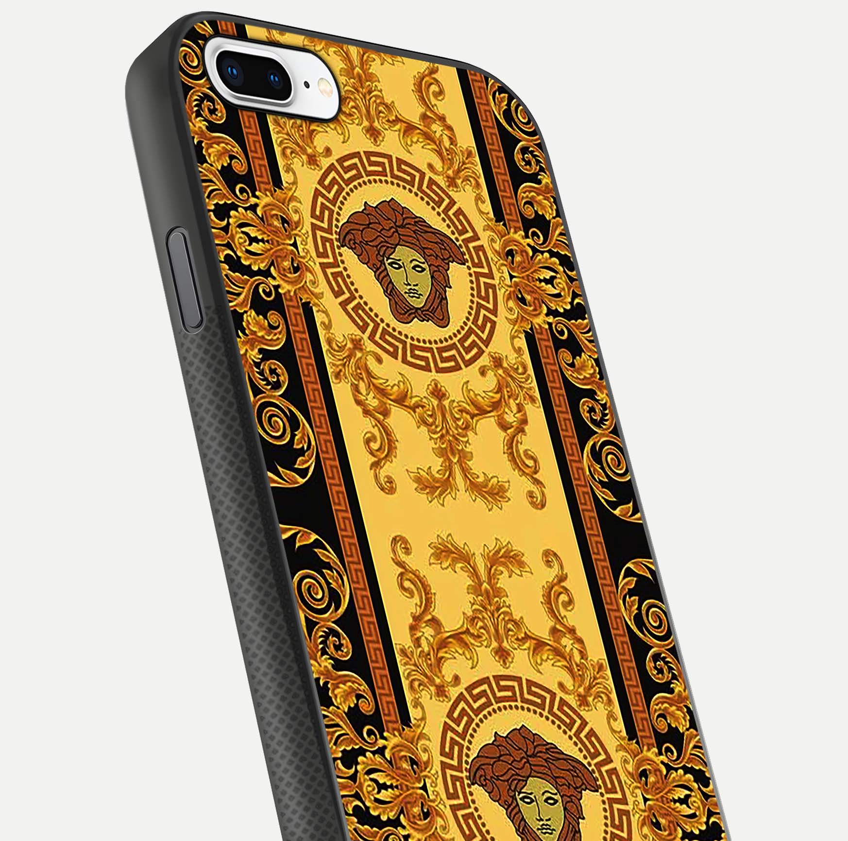 Golden Royal Heritage Glass Case for iPhone 8 Plus close-up angled shot showing intricate design and metallic reflection