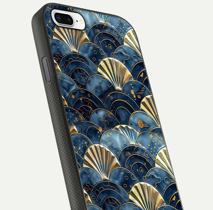 Golden Wave Luxe Glass Case for iPhone 8 Plus close-up angled shot showing flowing wave texture and reflection brightness