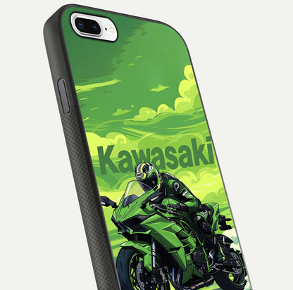 Green Kawasaki Glass Case for iPhone 8 Plus close-up angled shot showing sporty line details and reflection shine