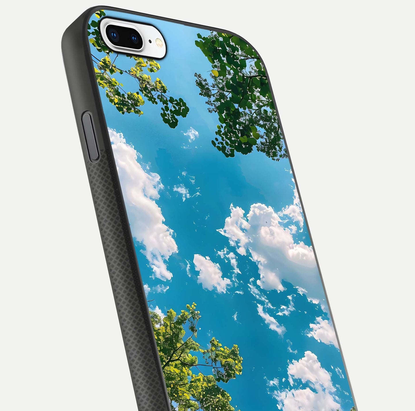 Greenery Sky Glass Case for iPhone 8 Plus close-up angled shot showing leafy tones and reflection brightness