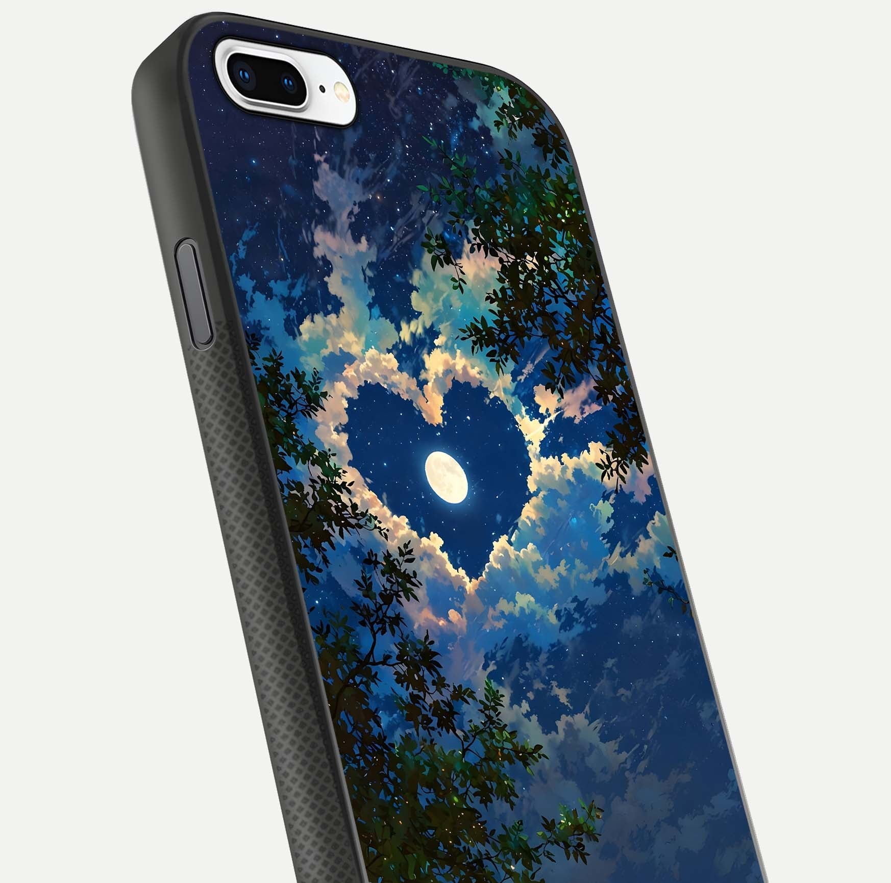 Heart with Moon Sky Glass Case for iPhone 8 Plus close-up angled shot showing lunar reflection and shine detail