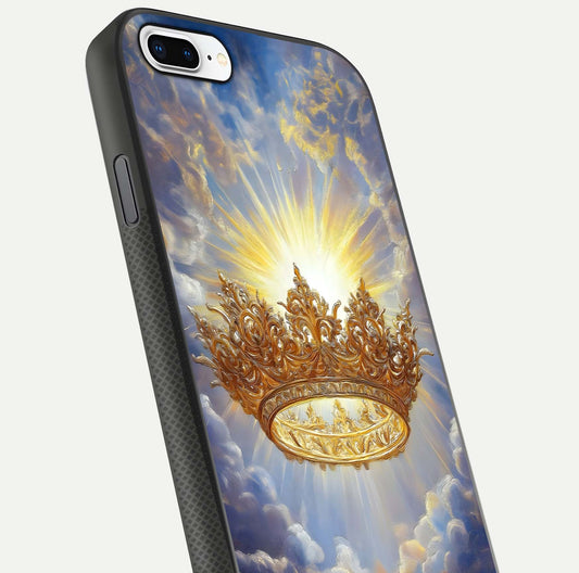 Heavenly Crown Light Glass Case for iPhone 8 Plus close-up angled shot showing glowing halo details and smooth reflection