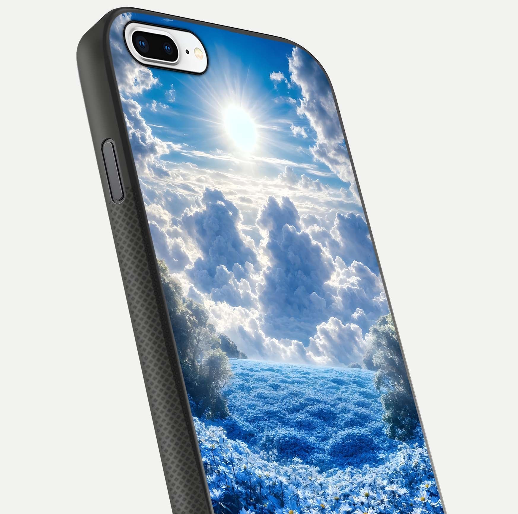 Heavenly Daisy Horizon Glass Case for iPhone 8 Plus close-up angled shot showing daisy petal details and light reflection