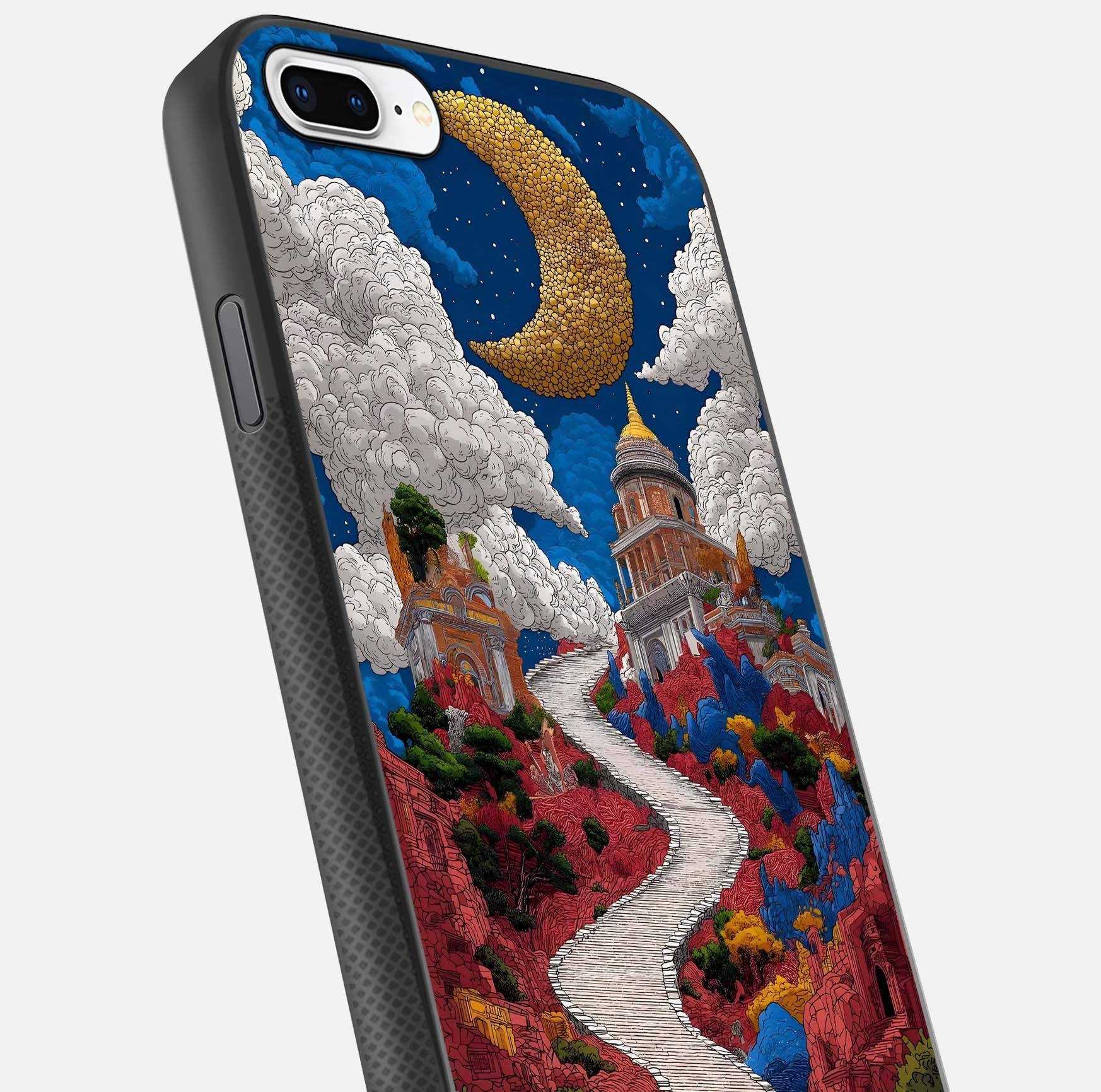 Heavenly Moon Path Glass Case for iPhone 8 Plus close-up angled shot showing moon reflection and shimmer texture