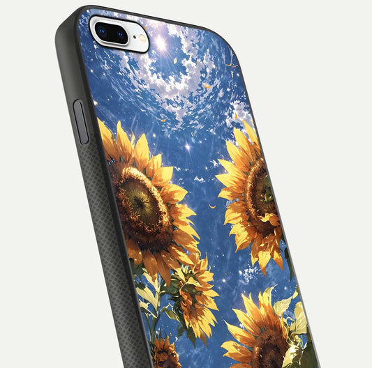 Heavenly Sunflower Rise Glass Case for iPhone 8 Plus close-up angled shot showing sunflower texture and reflection polish