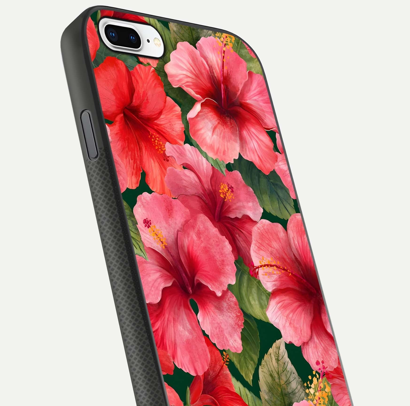 Hibiscus Pattern Glass Case for iPhone 8 Plus close-up angled shot showing flower details and gloss reflection