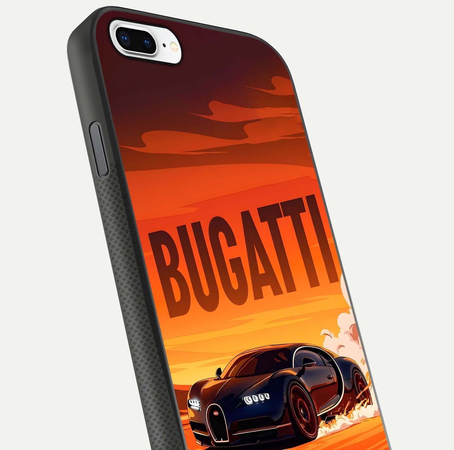 Inferno Bugatti Storm Glass Case for iPhone 8 Plus close-up angled shot showing flame details and reflection shine