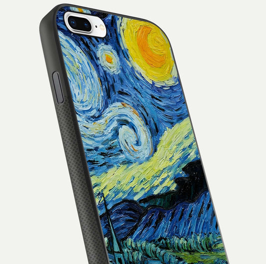 Inspired Van Gogh Art Glass Case for iPhone 8 Plus close-up angled shot showing brushstroke texture and shine detail