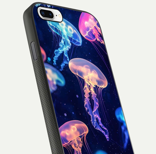 Jellyfish Pattern Glass Case for iPhone 8 Plus close-up angled shot showing translucent tentacles and light reflection