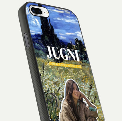 Jugni Soul Vibes Glass Case for iPhone 8 Plus close-up angled shot showing typography detail and vibrant gloss reflection