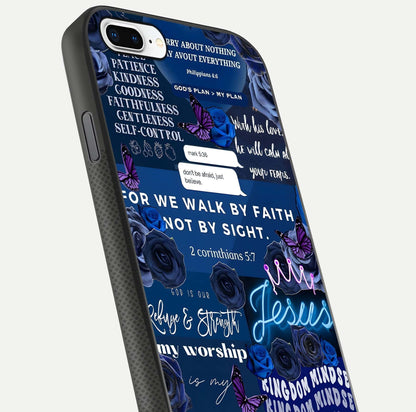 Kingdom Faith Glow Glass Case for iPhone 8 Plus close-up angled shot showing luminous text and divine reflection