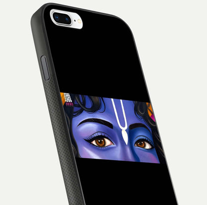 Krishna Eye Glass Case for iPhone 8 Plus close-up angled shot showing intricate artwork and reflection shine