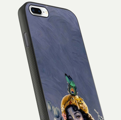 Lord Krishna Glass Case for iPhone 8 Plus angled close-up showing intricate flute and reflection details