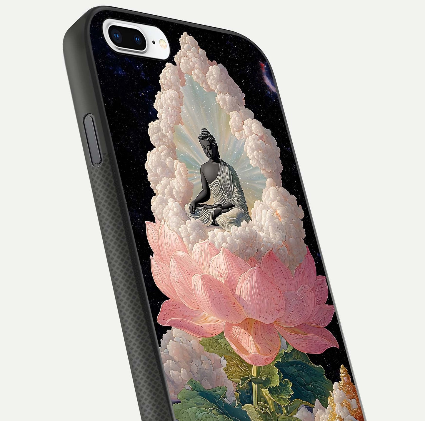 Lotus Divine Peace Glass Case for iPhone 8 Plus angled close-up showing delicate petals and gloss reflection