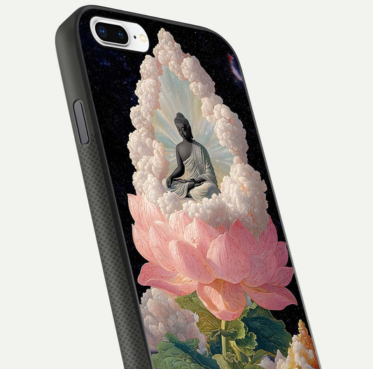 Lotus Divine Peace Glass Case for iPhone 8 Plus angled close-up showing delicate petals and gloss reflection