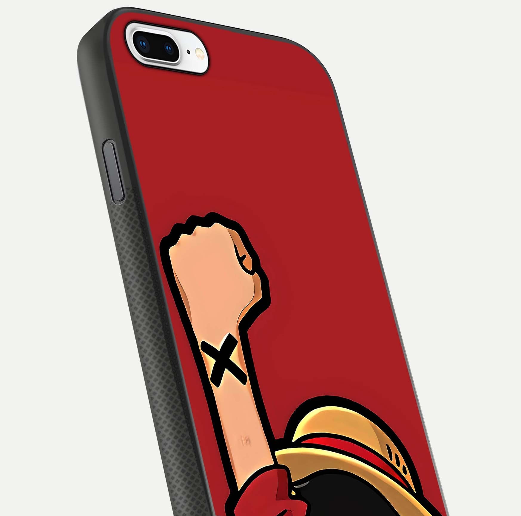Luffy X Spirit Glass Case for iPhone 8 Plus close-up angled shot showing character detailing and gloss texture