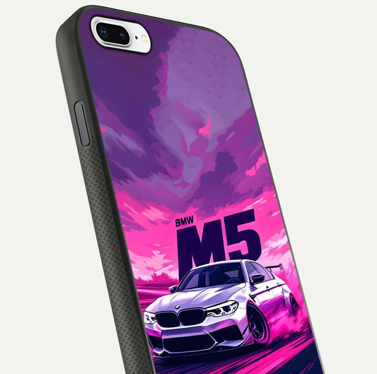 MS Neon Car Glass Case for iPhone 8 Plus close-up angled shot showing vivid neon reflections and shine
