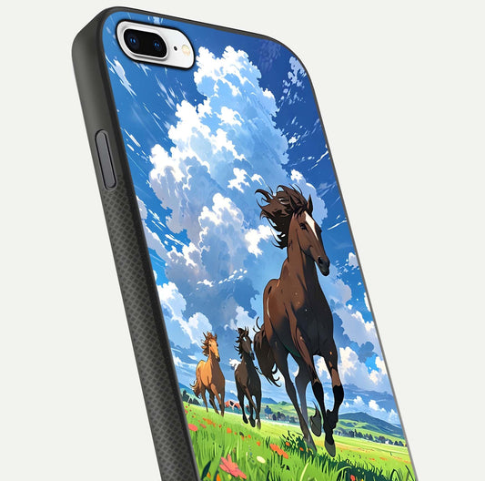 Majestic Horses Galloping Glass Case for iPhone 8 Plus close-up angled shot showing horse motion and reflection