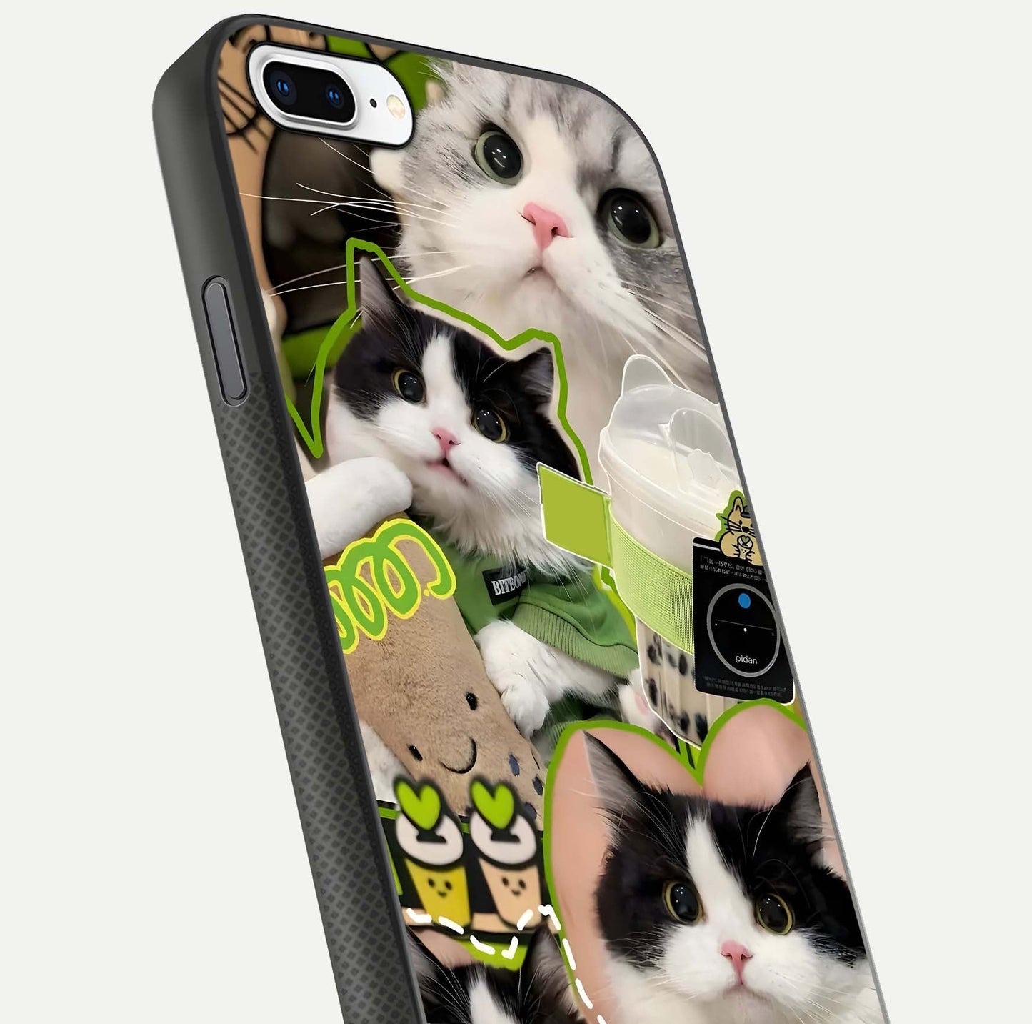 Matcha Cats Mood Glass Case for iPhone 8 Plus close-up angled shot showing adorable cat art and reflection detail