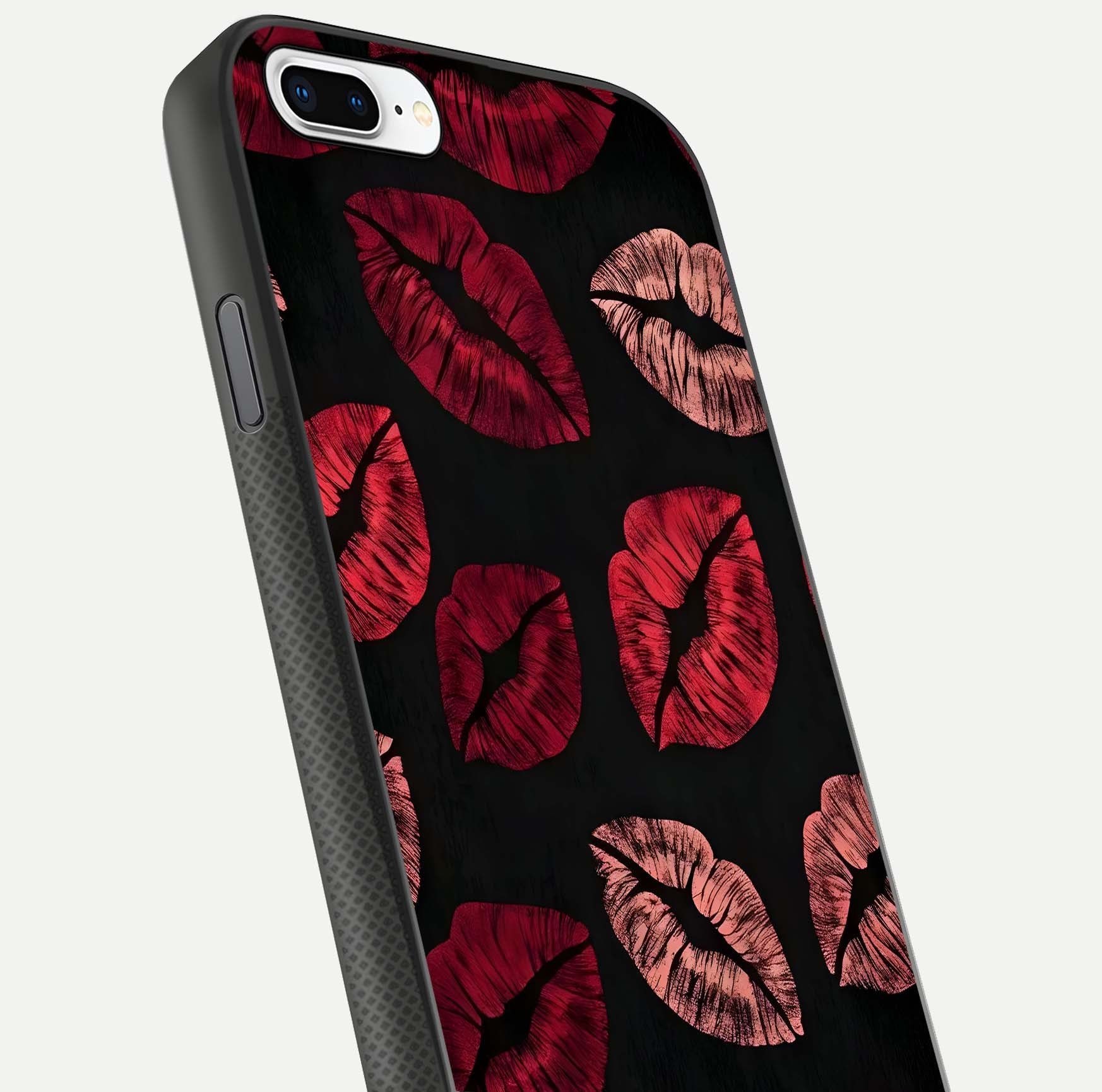 Midnight Kiss Love Glass Case for iPhone 8 Plus close-up angle highlighting red accents and reflection shine