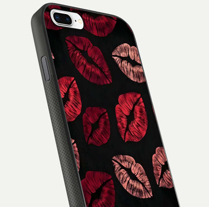 Midnight Kiss Love Glass Case for iPhone 8 Plus close-up angle highlighting red accents and reflection shine