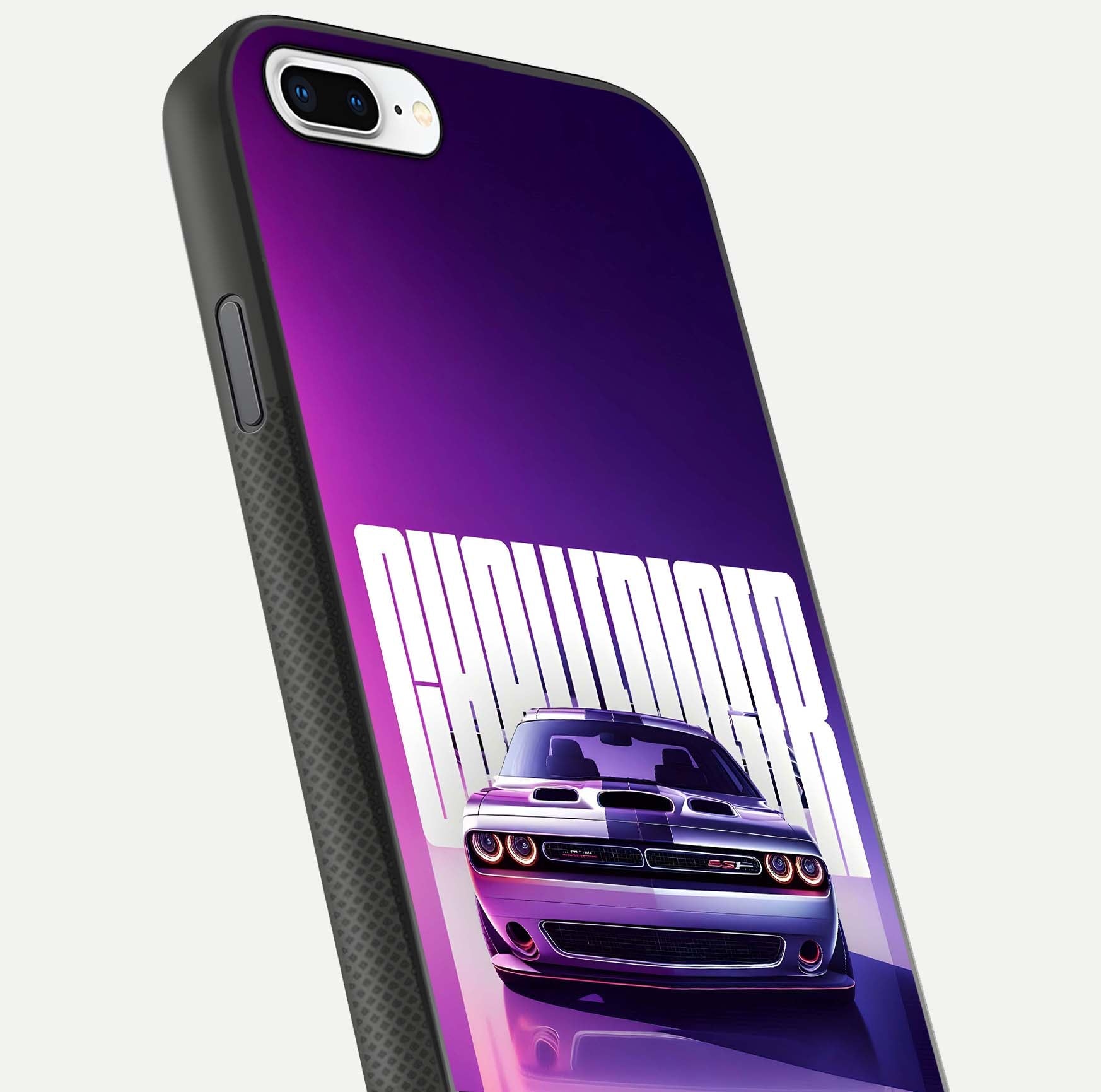 Midnight Muscle Ride Glass Case for iPhone 8 Plus close-up angled shot showing HD reflections and car details
