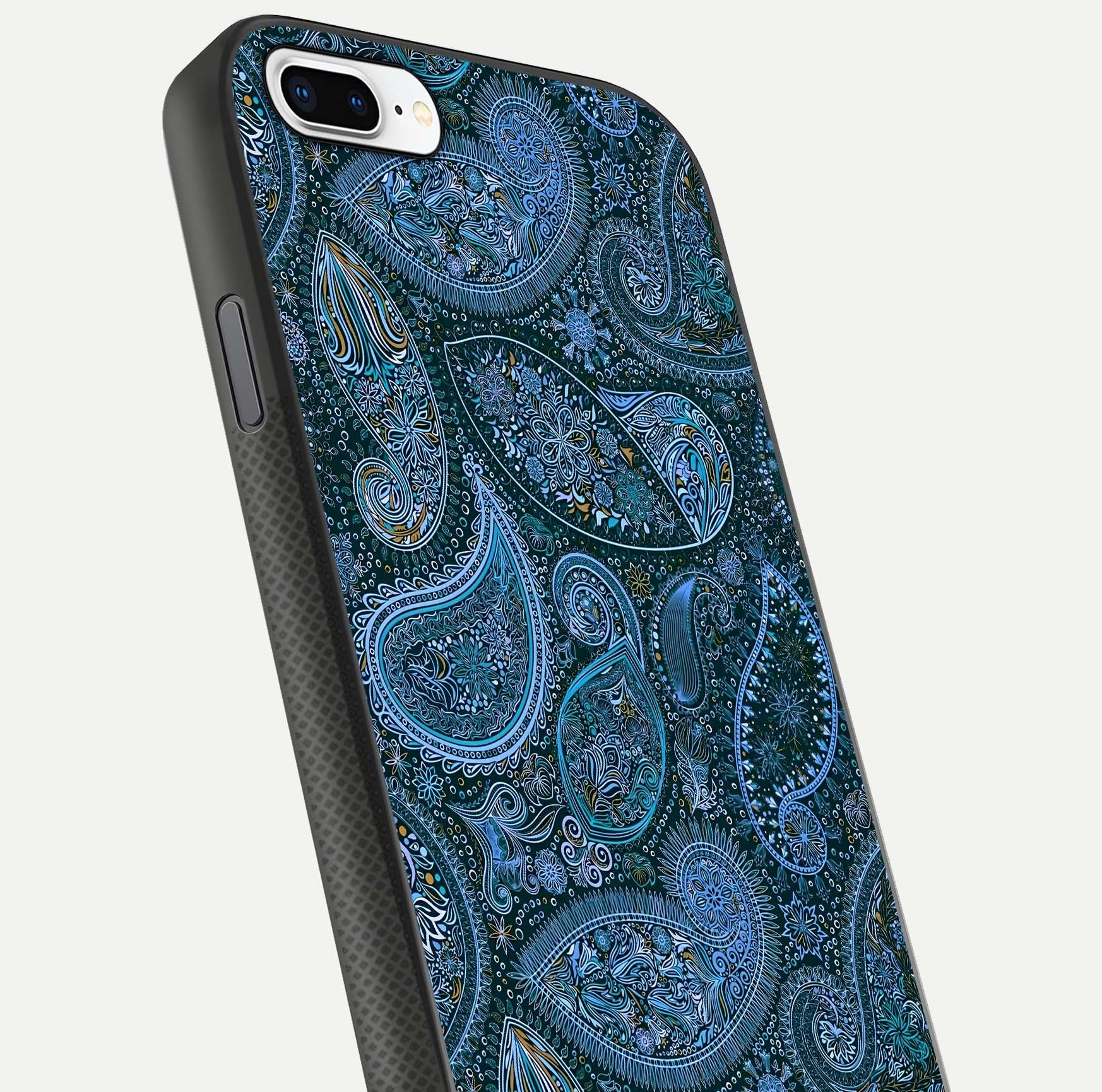 Midnight Paisley Glow Glass Case for iPhone 8 Plus close-up angled shot showing floral details and gloss texture