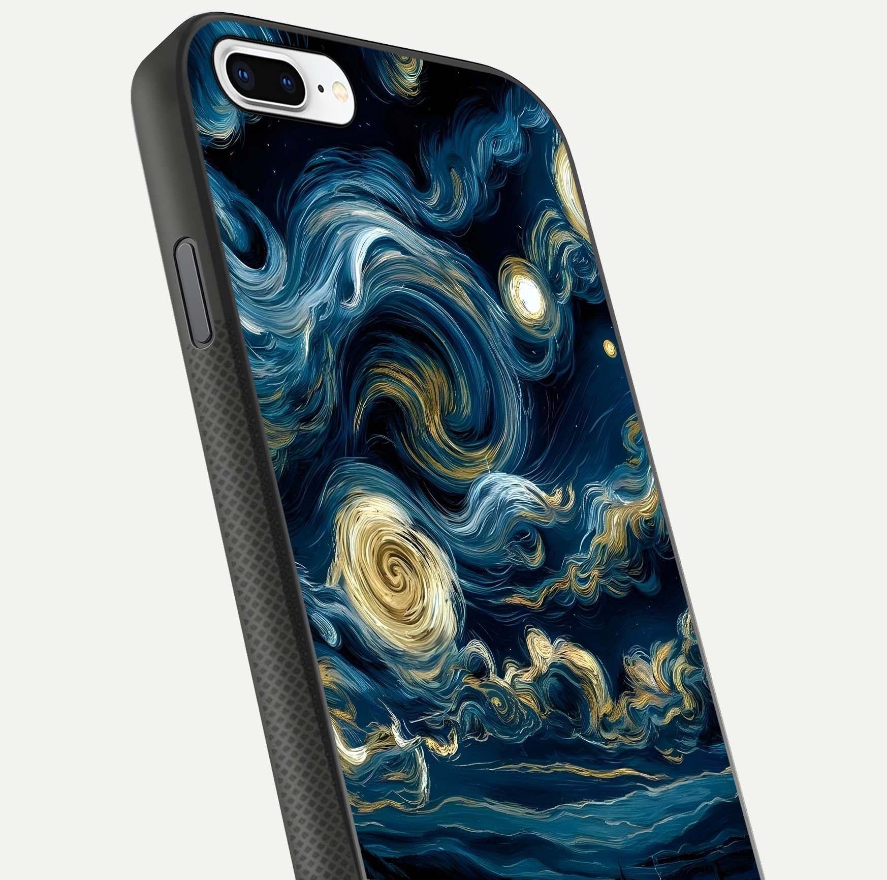 Midnight Sky Whirl Glass Case for iPhone 8 Plus close-up angle showing spiral design and HD gloss reflection
