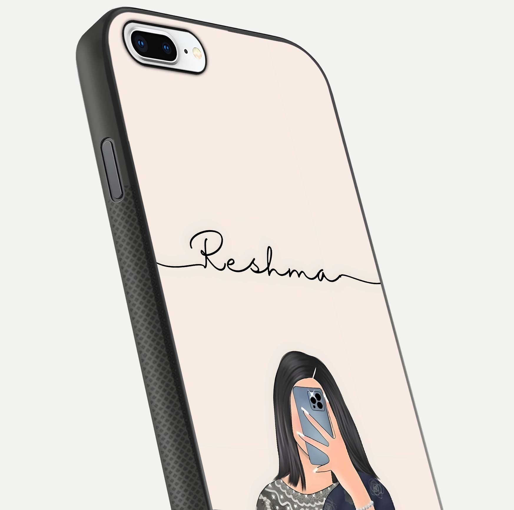 Mirror Mood Muse Custom Name Glass Case for iPhone 8 Plus close-up angled shot highlighting gloss and mirror depth