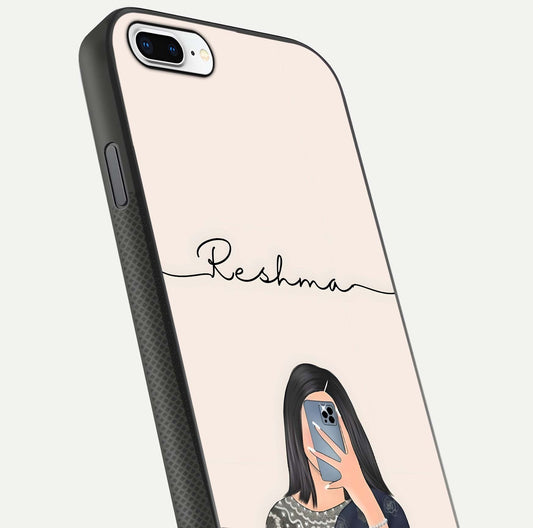 Mirror Mood Muse Custom Name Glass Case for iPhone 8 Plus close-up angled shot highlighting gloss and mirror depth