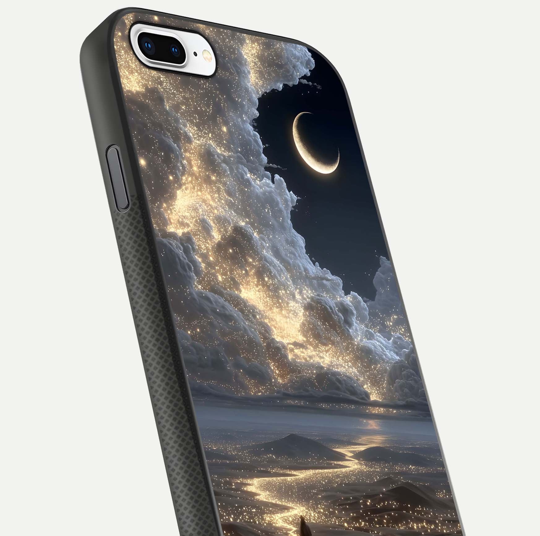Moonlight Spark Path Glass Case for iPhone 8 Plus close-up angled shot showing glowing stars and reflection