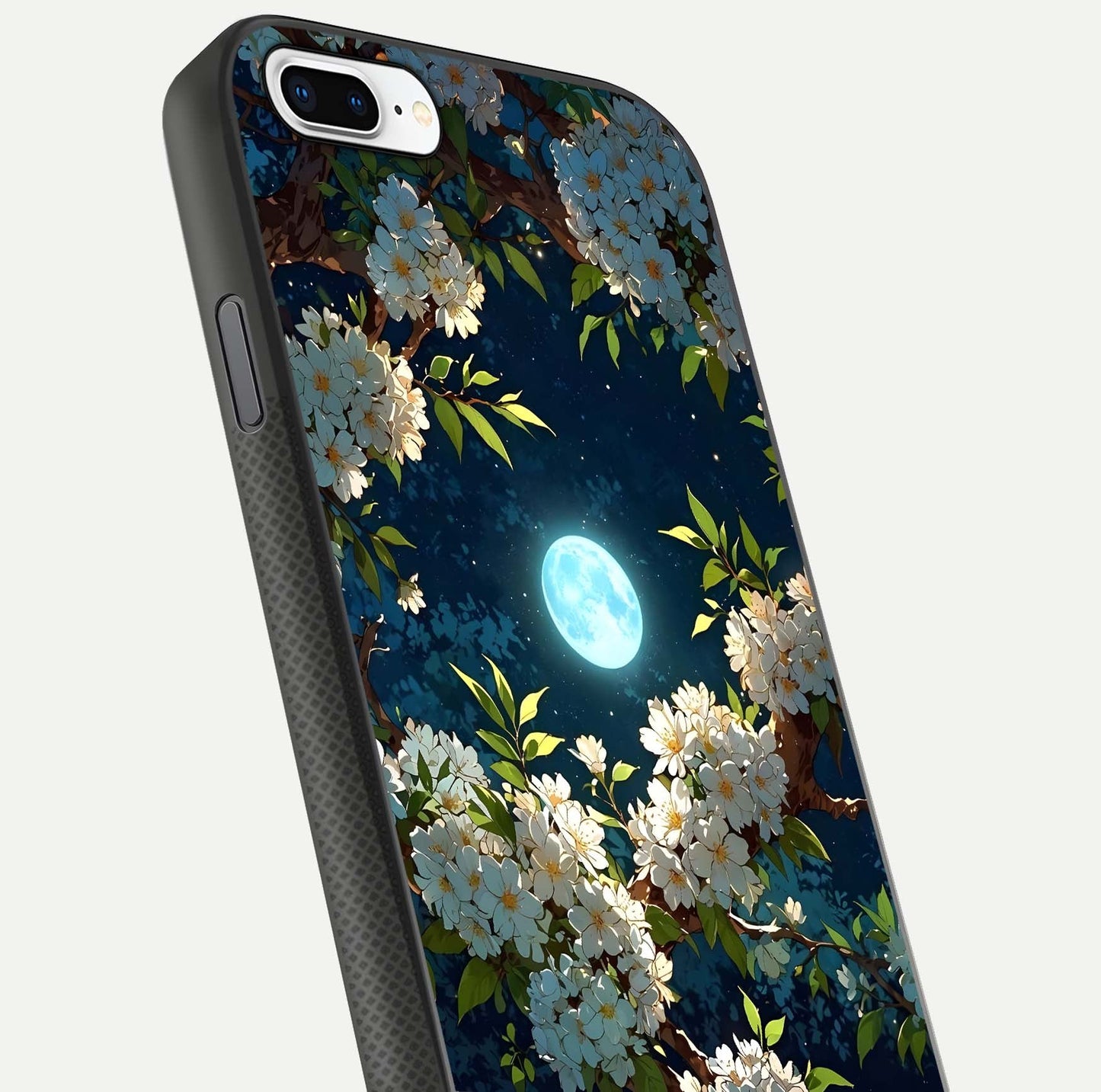 Moonlit Blossom Dream Glass Case for iPhone 8 Plus close-up angled shot showing glowing petals and reflection